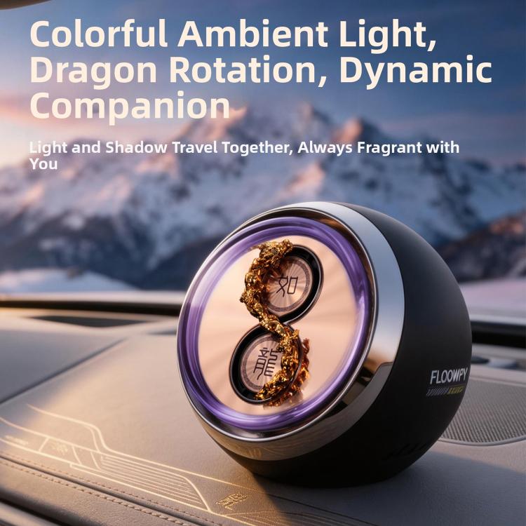 Car aromatherapy ornament on dashboard, purple LED ring and rotating gold dragon detail