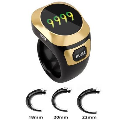 Gold and black smart counter ring with oval digital display and MODE button