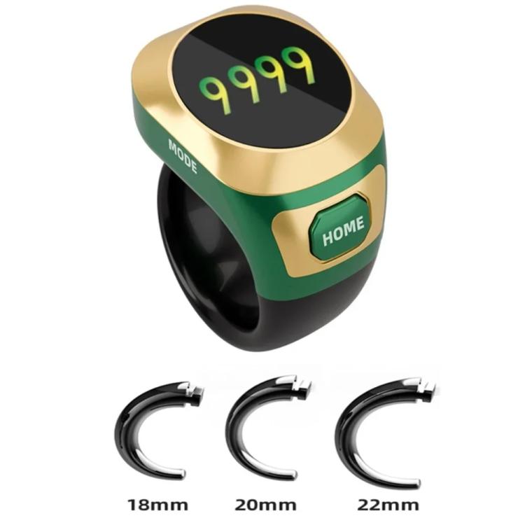 Green and gold smart counter ring with oval digital display and HOME button