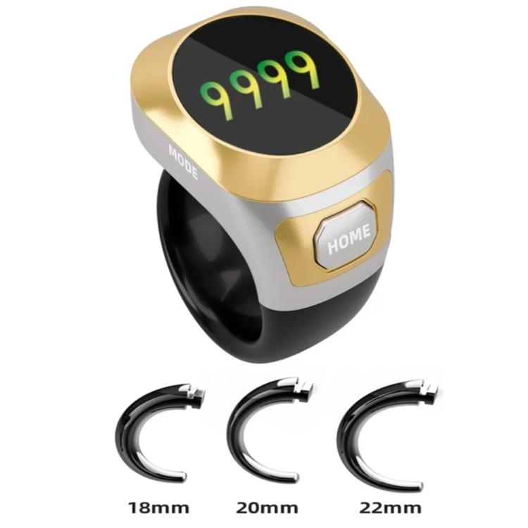 Silver and black smart counter ring with oval digital display and HOME button