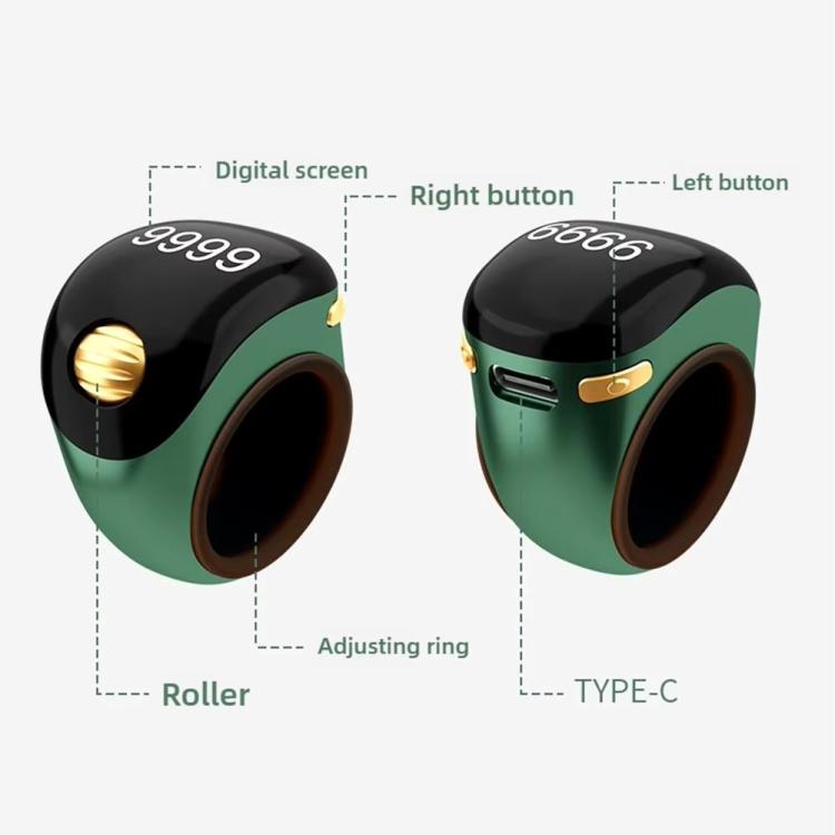 Smart prayer ring counter with digital screen, roller, and Type-C port (green)
