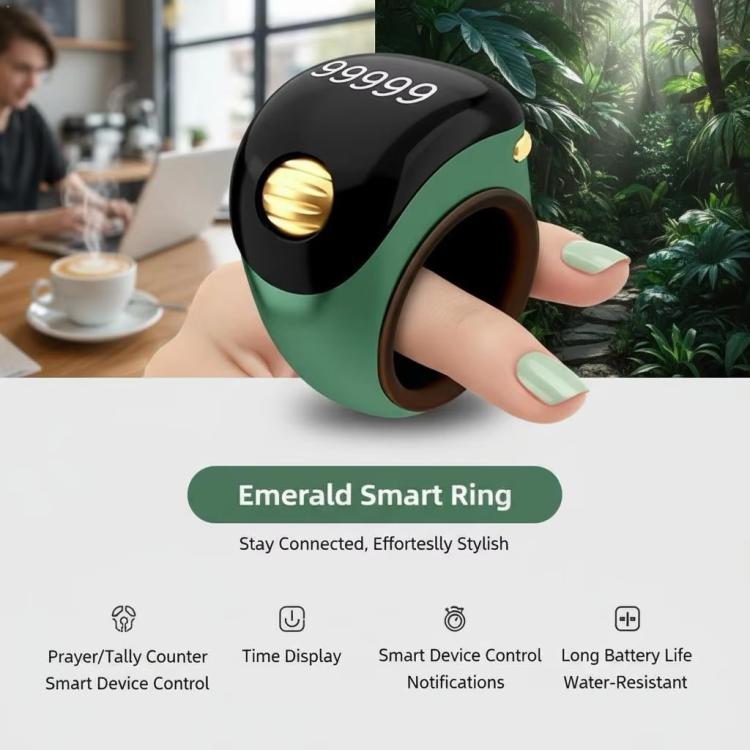 Green smart prayer ring with black top, gold dial details, and adjustable band
