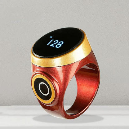 Smart Bluetooth prayer counter ring, wine red band with black OLED display showing 128