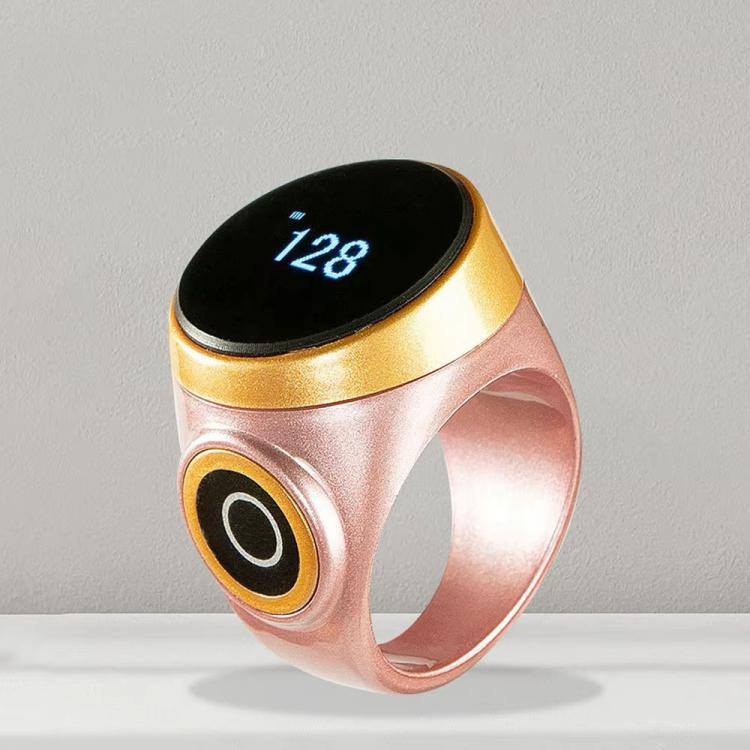 Smart Bluetooth prayer counter ring, rose pink band with black OLED display showing 128