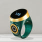 Smart Bluetooth prayer counter ring, emerald green band with black OLED display showing 128