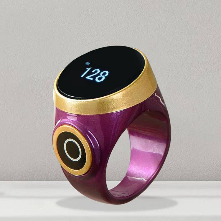 Smart Bluetooth prayer counter ring, purple band with black OLED display showing 128
