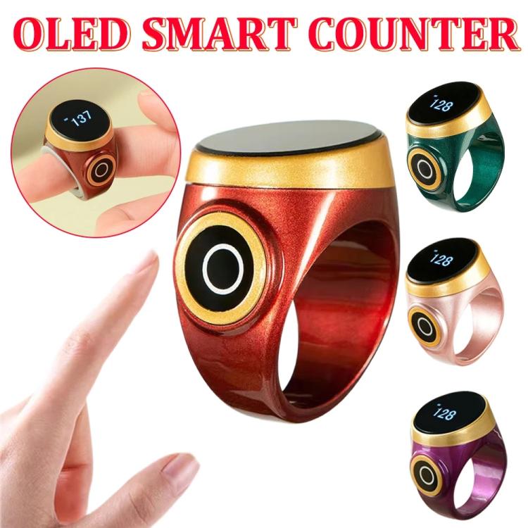 Bluetooth prayer counter ring set in multiple colors, black OLED screens showing 128