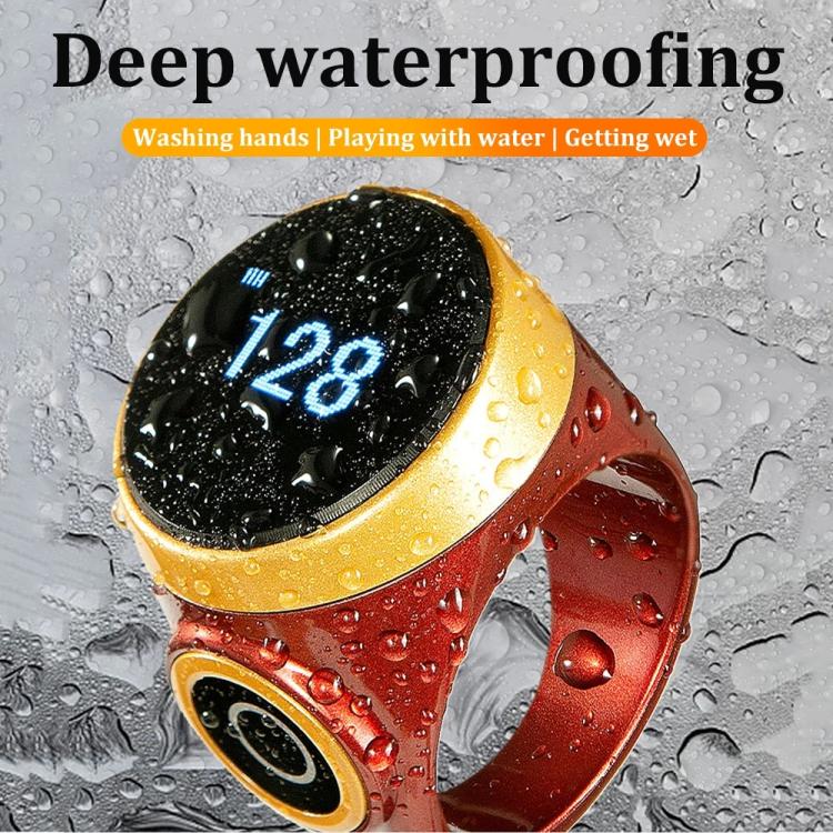 Smart Bluetooth prayer counter ring, wine red with gold trim, water droplets on OLED display