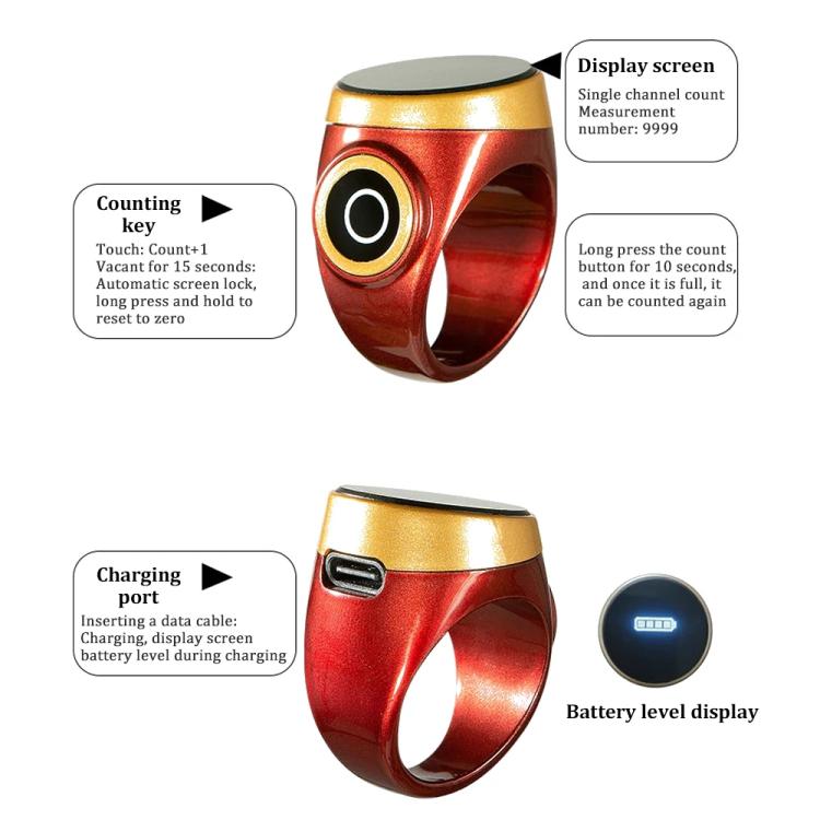 Smart Bluetooth prayer counter ring with OLED display, side charging port and battery indicator