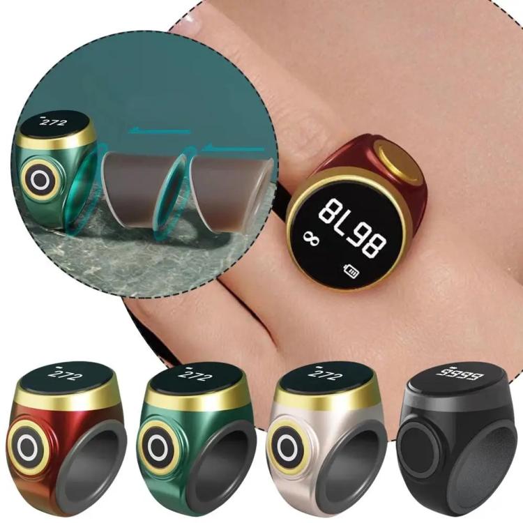 Adjustable prayer counting ring on wrist; black OLED shows 8148 and has side button