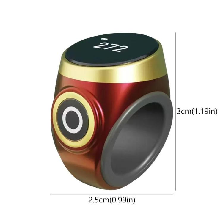 Smart prayer counting ring in wine red with gold band; dimension marks shown