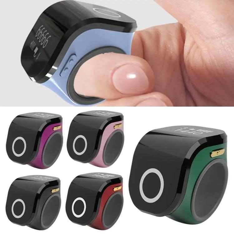 Smart prayer ring counter being tapped by a hand, with digital OLED screen
