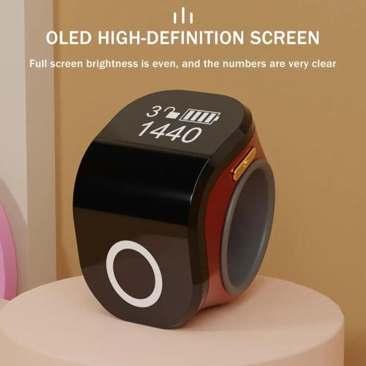 Red smart prayer ring counter showing digital count on OLED screen