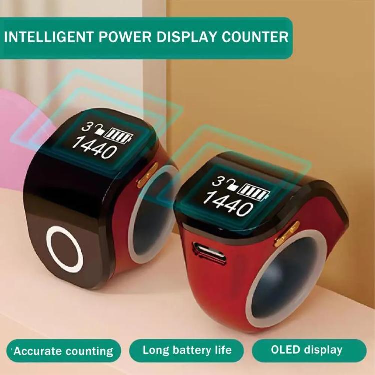Two smart prayer ring counters with glowing OLED count displays