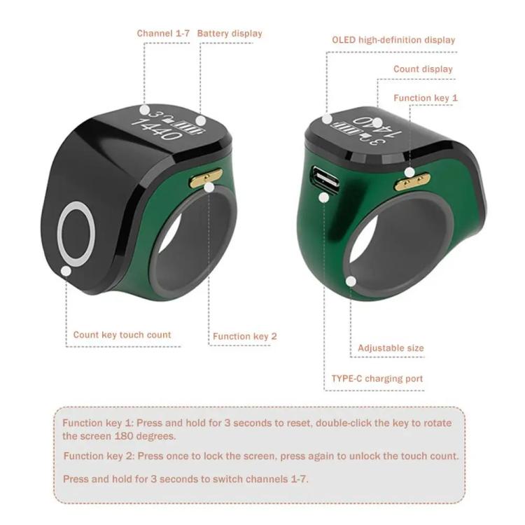Adjustable smart touch Bluetooth prayer counter ring with OLED display, black and green