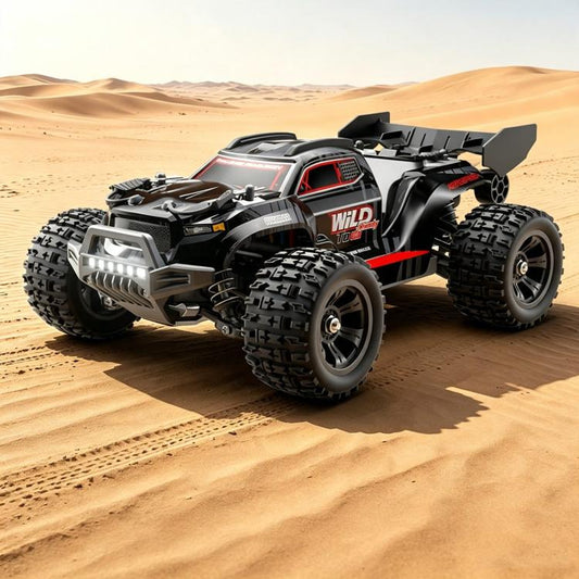 1:18 scale 4WD brushless RC car with black body, red accents, and front LED light bar