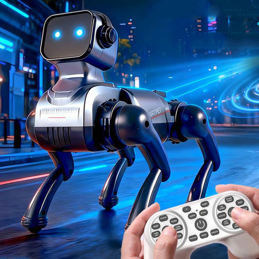 Metallic silver and black AI robot dog with glowing eyes and remote-ready body