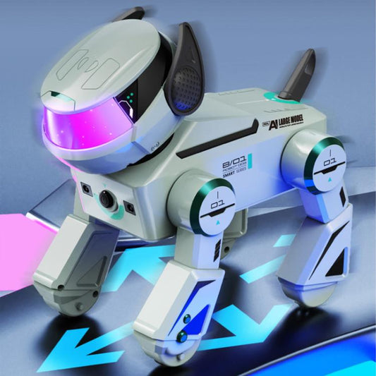 White and light green robotic dog with glowing purple visor and raised legs