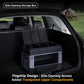 Car storage box in trunk with side-opening access and open interior compartments, dark gray