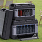 Outdoor camping storage box with side handle and open front compartments, black