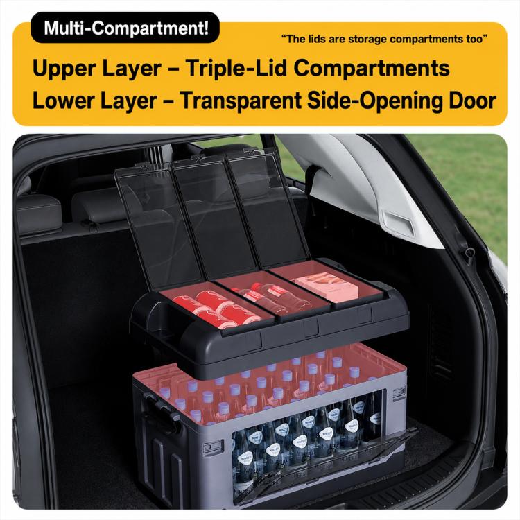 Car storage box with multi-compartment trays and transparent side-opening door, dark gray