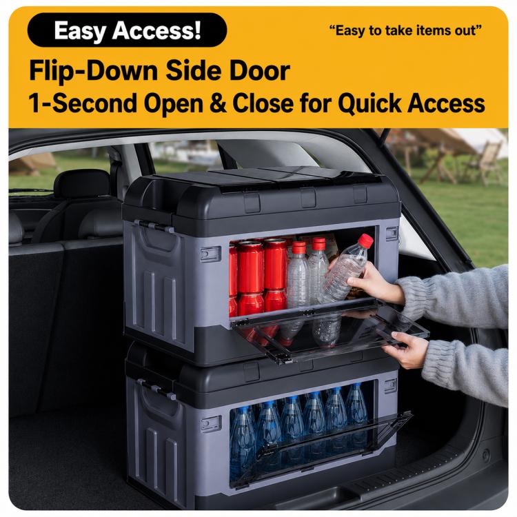 Car storage box with flip-down side door showing drink bottles, dark gray