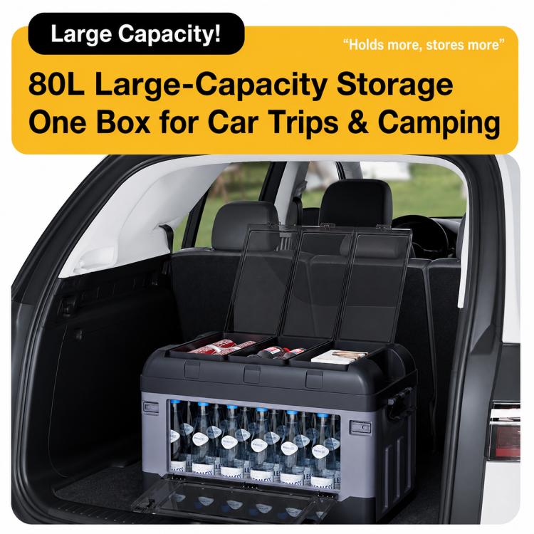 Large-capacity car storage box with open top compartments and bottle storage, dark gray