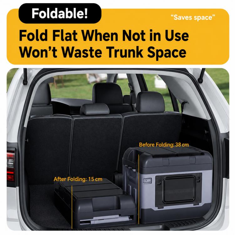 Fold-flat car storage box in trunk with lid closed, dark gray plastic