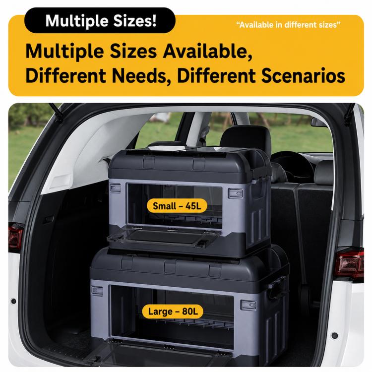 Car storage box with two stack levels in trunk, showing multiple sizes, dark gray