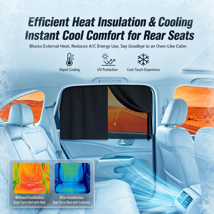 Black rear car window shade curtain with mesh panel for heat insulation and cooling