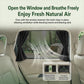 Black car window shade curtain with mesh panel to allow ventilation while blocking insects