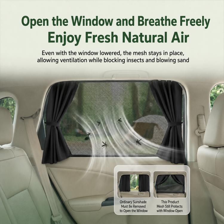 Black car window shade curtain with mesh panel to allow ventilation while blocking insects