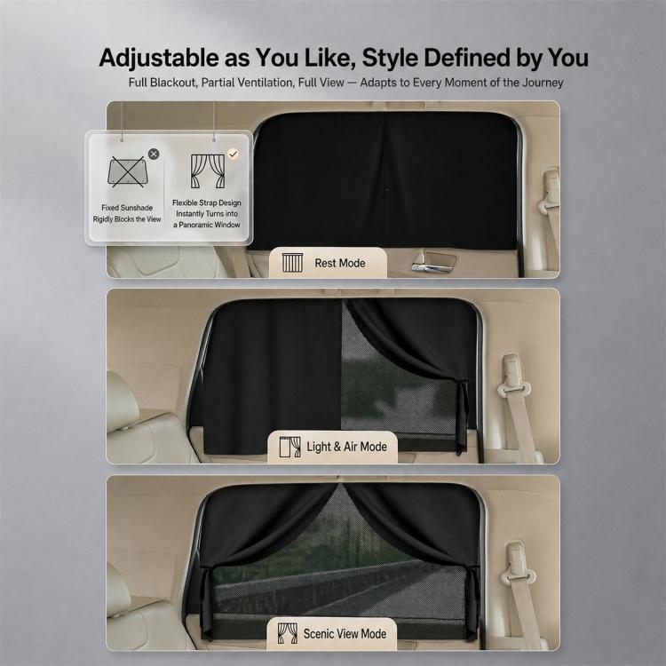 Black adjustable car window shade curtain set with full blackout and light air modes