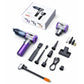 2-in-1 handheld car vacuum and tire inflator kit with silver and purple tools and nozzles