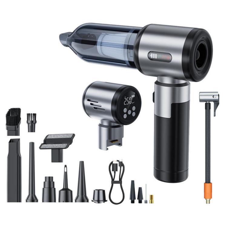 2-in-1 handheld car vacuum and tire inflator, silver and dark gray handheld unit