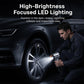 Handheld car vacuum with bright LED nozzle, cleaning a car wheel