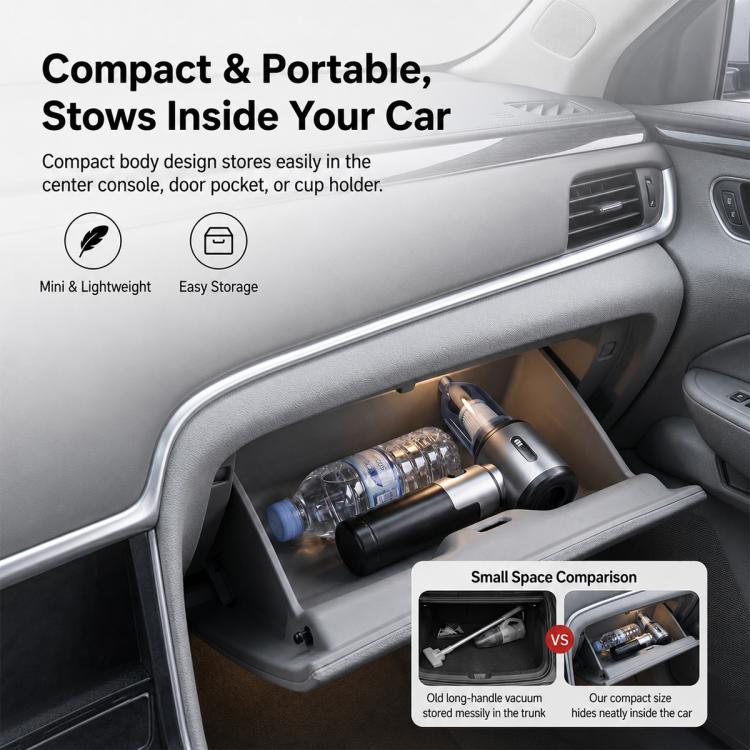 Compact handheld car vacuum stored in a car center console cubby