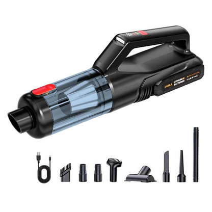 Handheld car vacuum cleaner, black with transparent dust canister and red switch