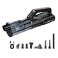 Handheld car vacuum cleaner with transparent dust canister and included nozzle attachments