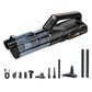 Black handheld vacuum cleaner with clear dust chamber and multiple accessory nozzles