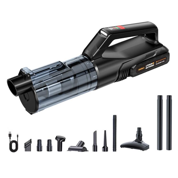 Black handheld vacuum cleaner with clear dust chamber and multiple accessory nozzles