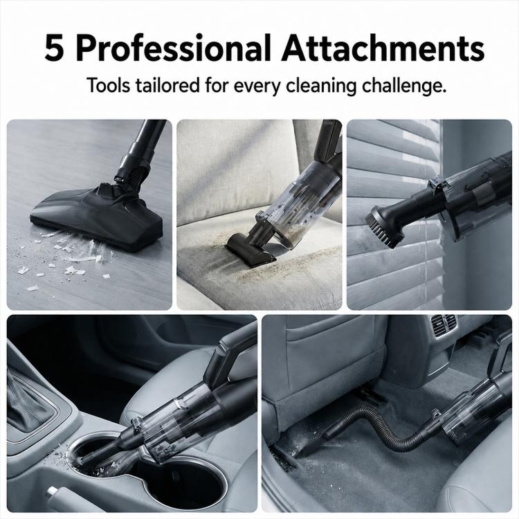 Handheld car vacuum cleaner with five tool attachments for car, upholstery, and vents