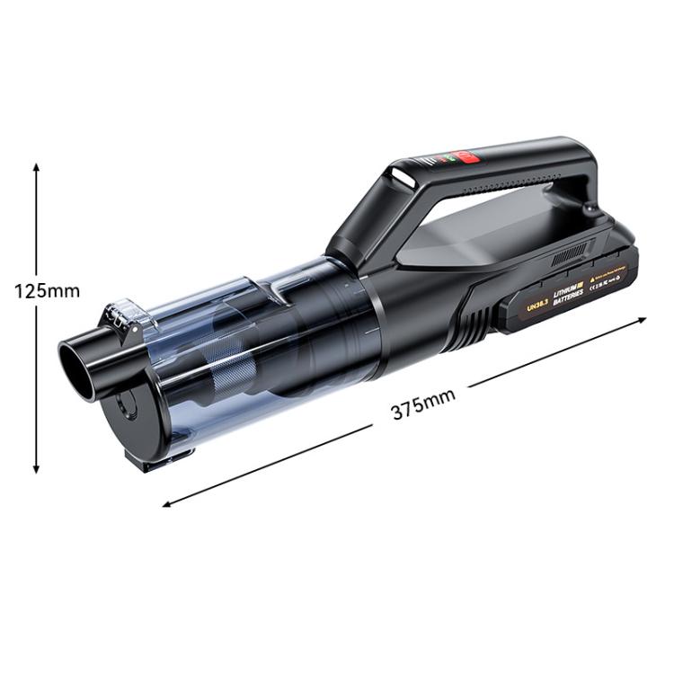 Handheld car vacuum cleaner showing overall dimensions and compact nozzle head