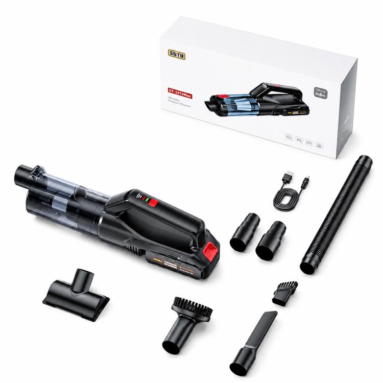 Handheld car vacuum cleaner kit with accessories, hose, and storage box