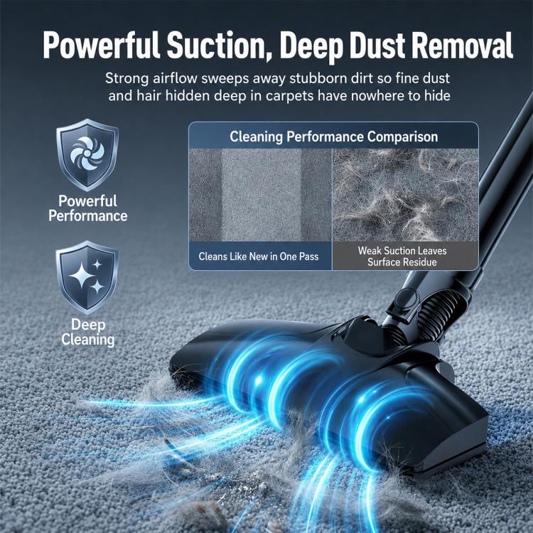Cordless vacuum with wide floor nozzle and airflow stream on carpet, black