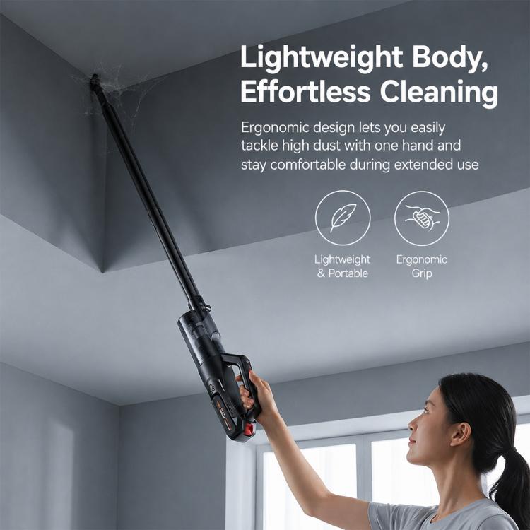 Lightweight cordless vacuum with ergonomic grip and long wand, black handheld