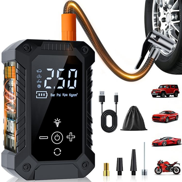 Electric car tire inflator with digital pressure display, black and orange body
