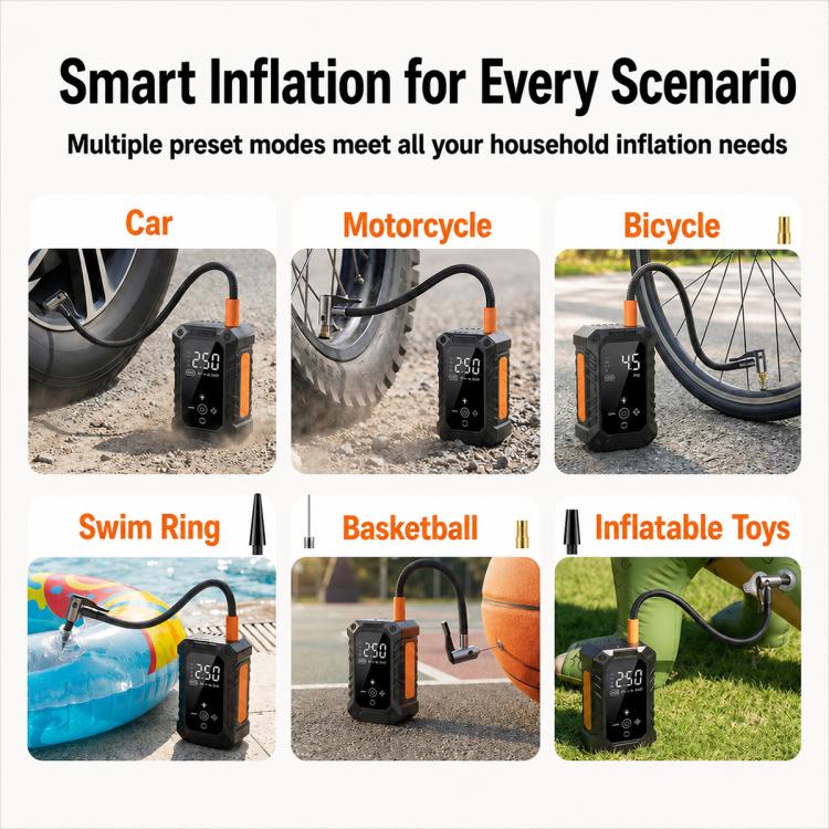 Portable electric tire inflator pump with digital display and hose