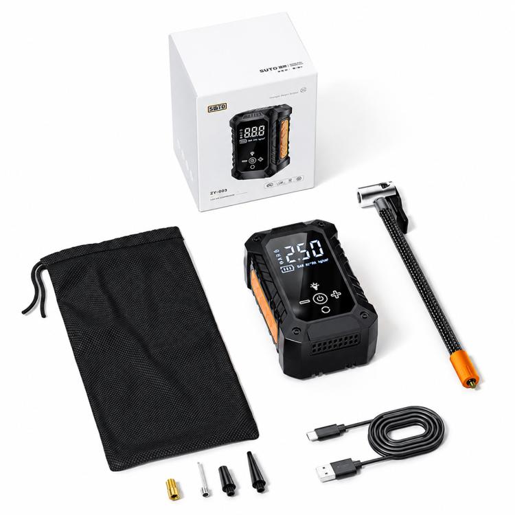 Electric tire inflator pump kit with power cable, nozzles, and storage pouch