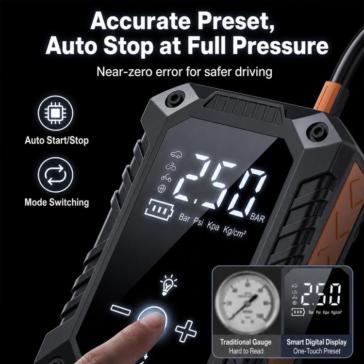 Electric car tire inflator with preset auto-stop digital display and control buttons